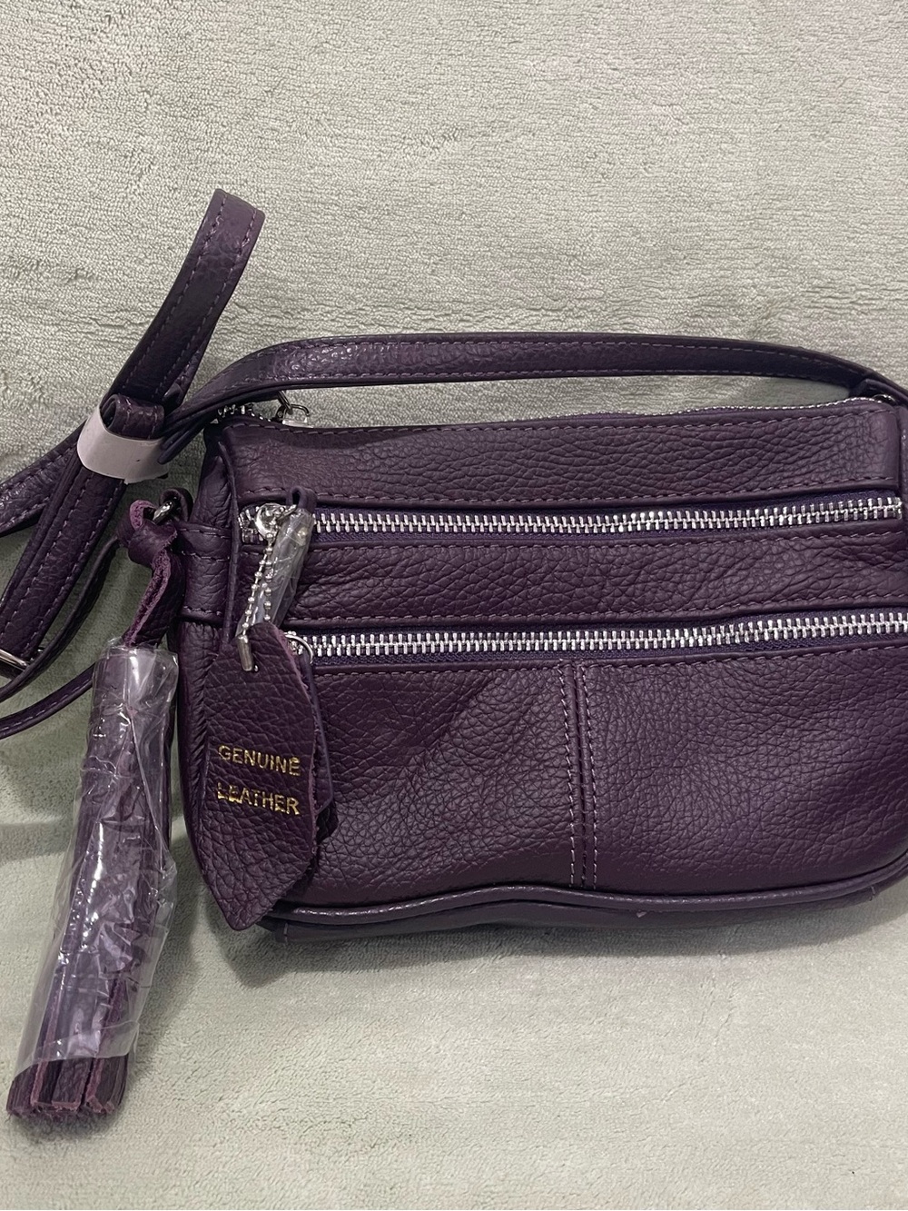 Cowhide Purple Genuine Leather Small Cross Body Organizer Purse W/ Many Pockets